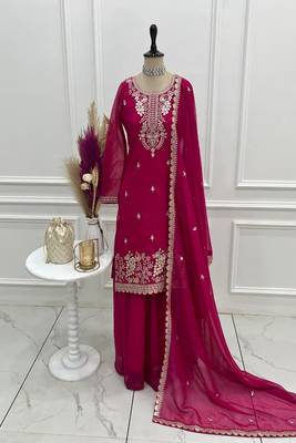 hot pink embroidered kurta with sharara & dupatta 3
