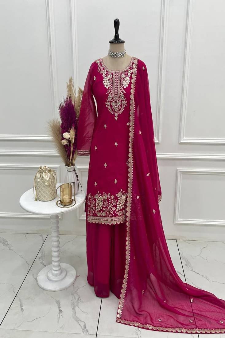 hot pink embroidered kurta with sharara & dupatta