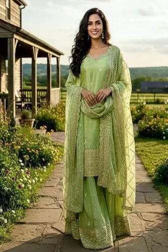 pastel green designer sharara set