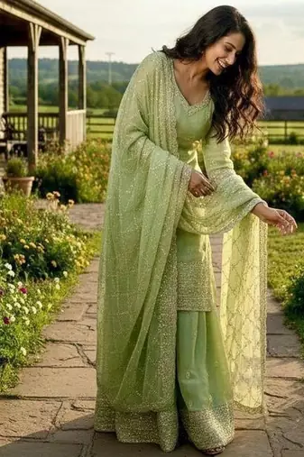 pastel green designer sharara set