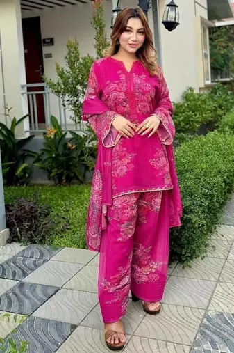 magenta pink floral print kurta set with wide-leg pants and dupatta