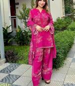 magenta pink floral print kurta set with wide-leg pants and dupatta