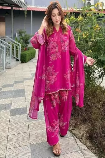 magenta pink floral print kurta set with wide-leg pants and dupatta