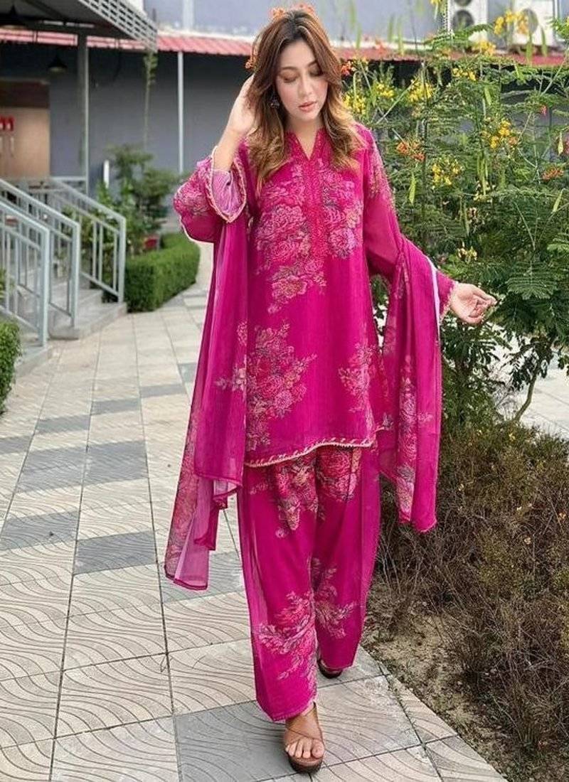 magenta pink floral print kurta set with wide-leg pants and dupatta
