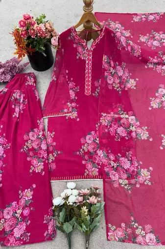 magenta pink floral print kurta set with wide-leg pants and dupatta