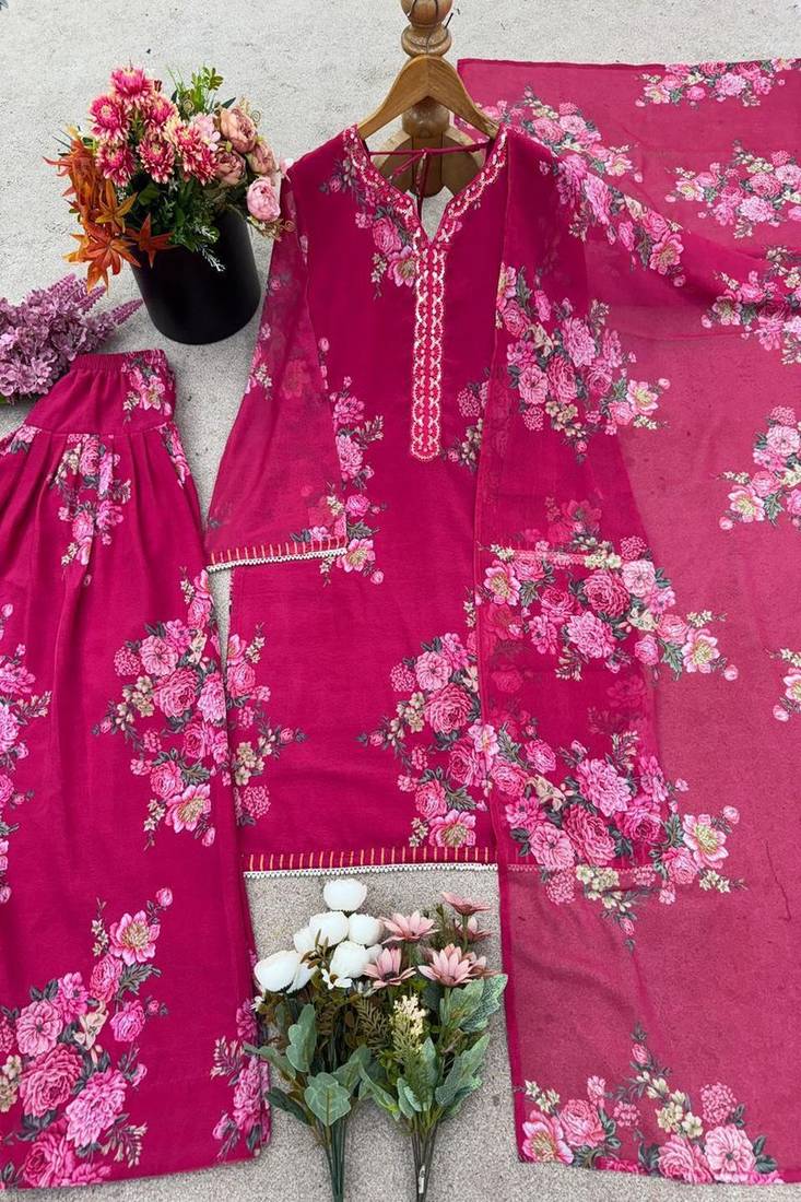 magenta pink floral print kurta set with wide-leg pants and dupatta