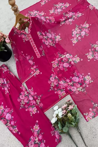 magenta pink floral print kurta set with wide-leg pants and dupatta