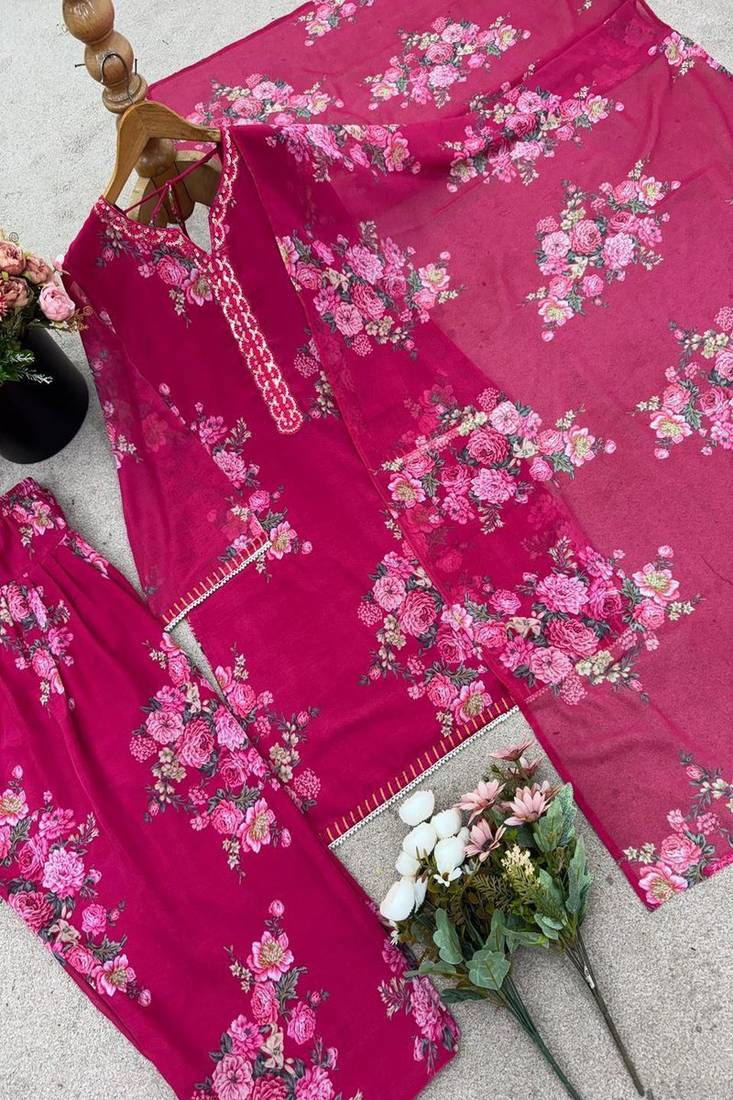 magenta pink floral print kurta set with wide-leg pants and dupatta