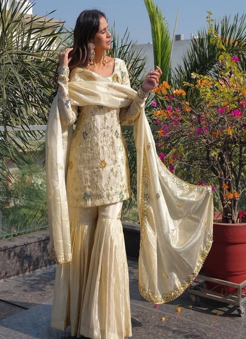 ivory designer kurta with gharara