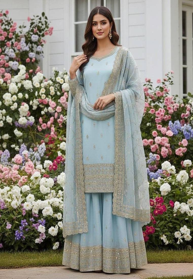 powder blue embroidered suit with dupatta