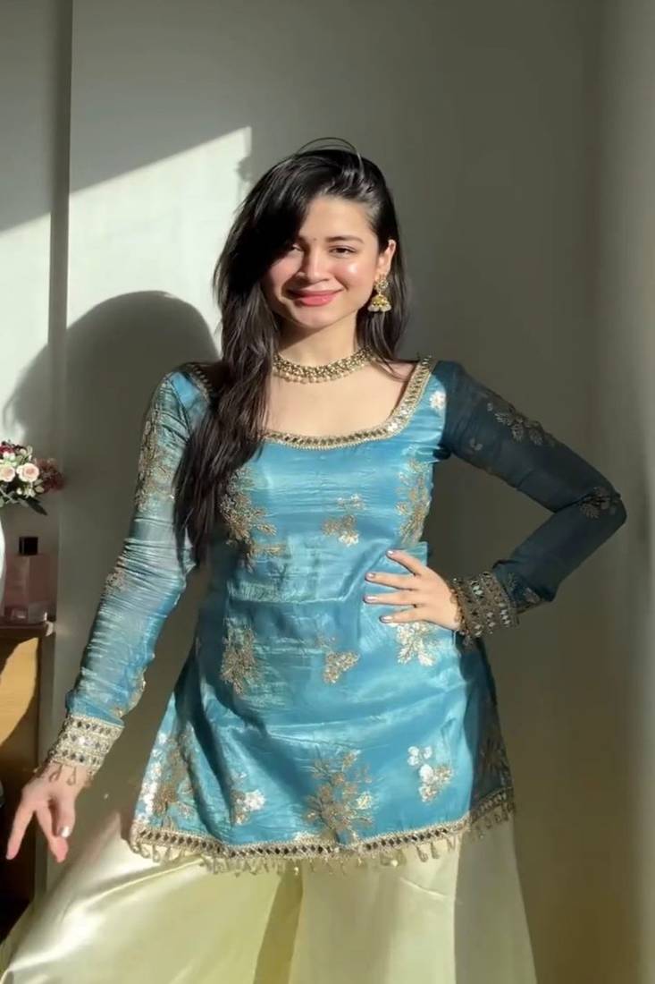 sky blue embroidered sharara set