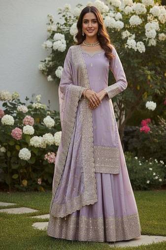lavender embroidered traditional suit with sheer dupatta