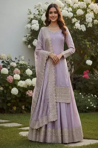 lavender embroidered traditional suit with sheer dupatta