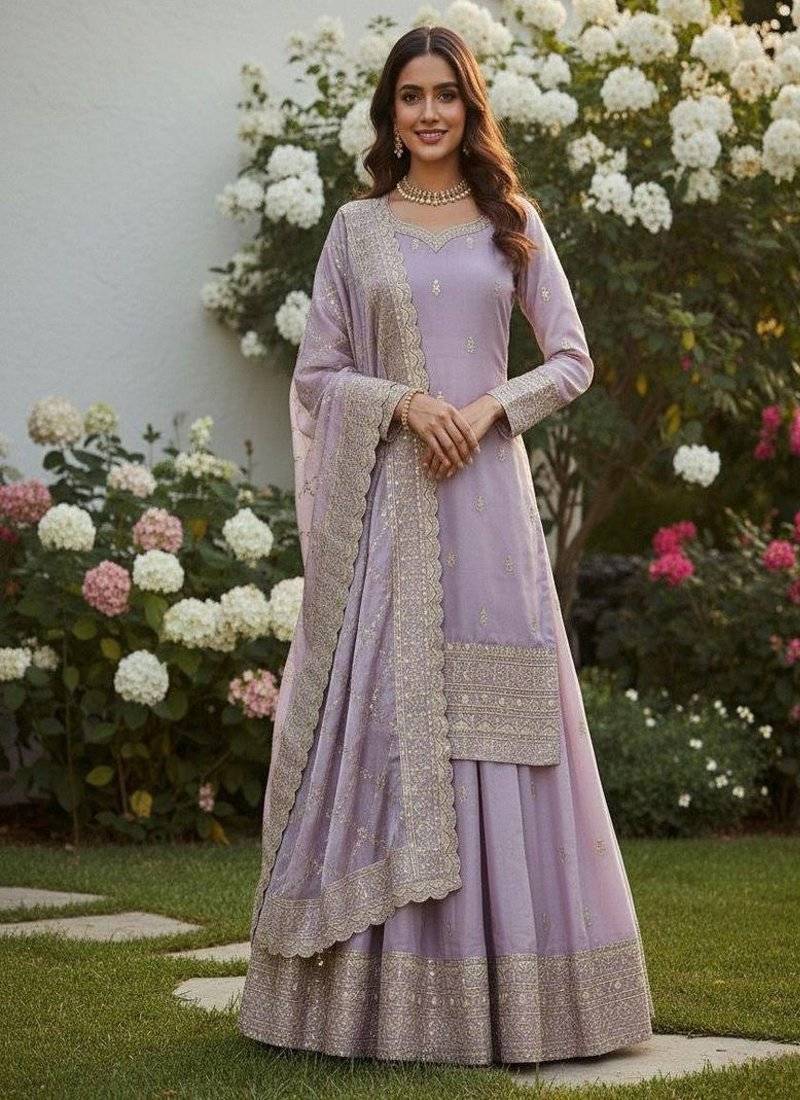 lavender embroidered traditional suit with sheer dupatta