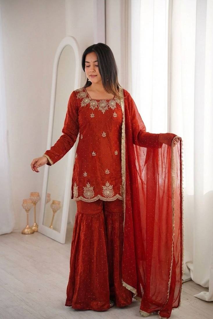 dark orange embroidered kurta with sharara