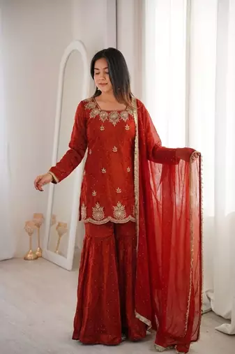 dark orange embroidered kurta with sharara