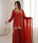 dark orange embroidered kurta with sharara