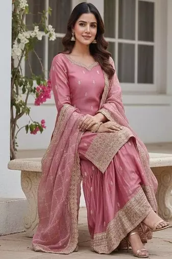 blush pink embroidered sharara suit