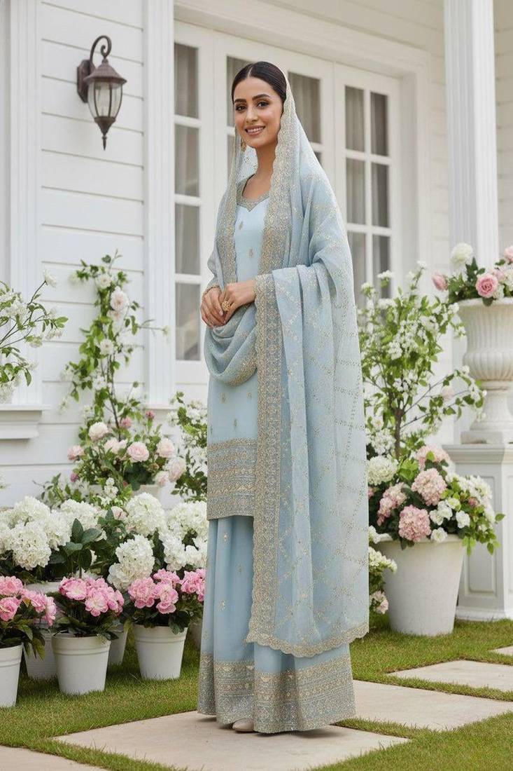 powder blue embroidered suit with dupatta