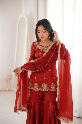 dark orange embroidered kurta with sharara