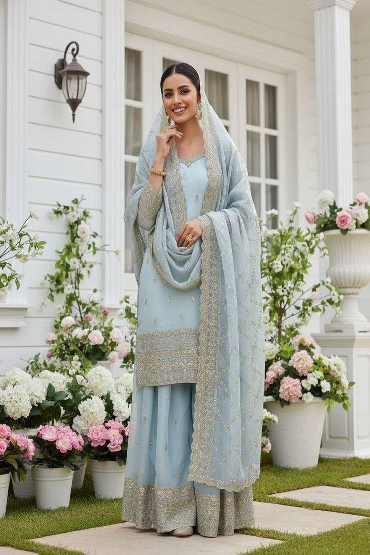 powder blue embroidered suit with dupatta