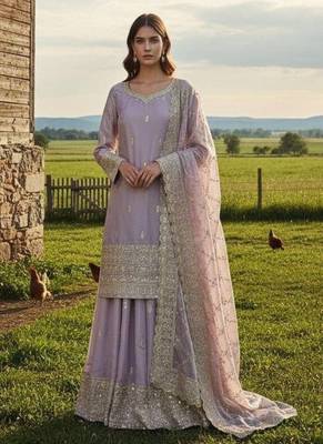 lavender embroidered traditional suit with sheer dupatta 2