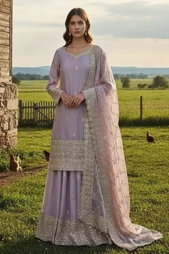 lavender embroidered traditional suit with sheer dupatta
