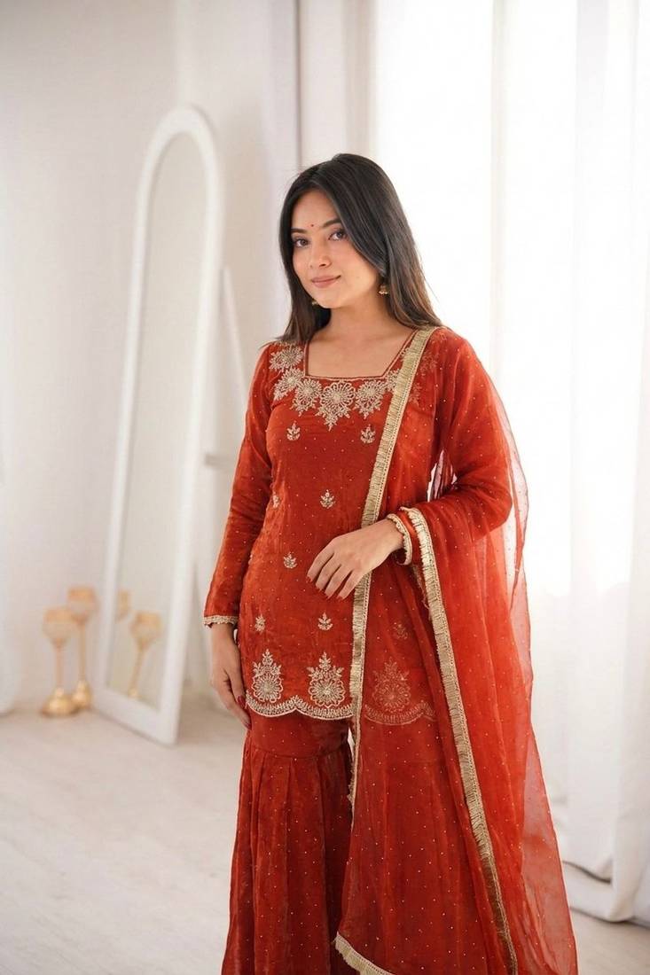 dark orange embroidered kurta with sharara