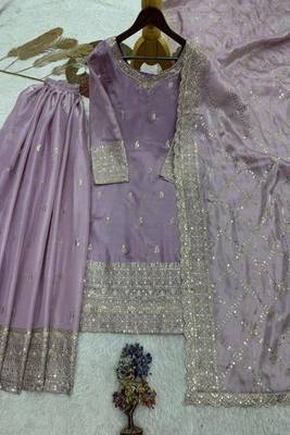 lavender embroidered traditional suit with sheer dupatta 3