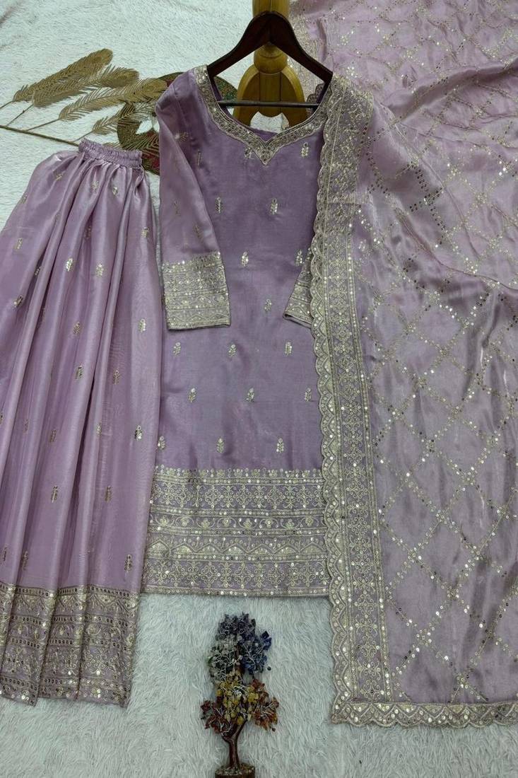 lavender embroidered traditional suit with sheer dupatta