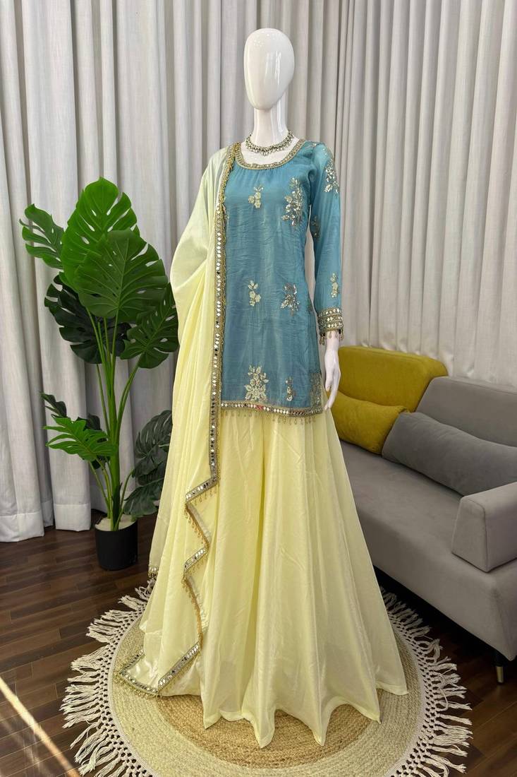 sky blue embroidered sharara set