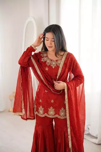 dark orange embroidered kurta with sharara