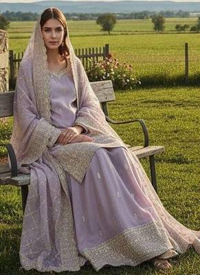 lavender embroidered traditional suit with sheer dupatta 4