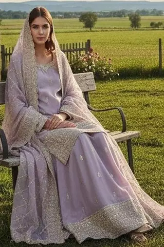 lavender embroidered traditional suit with sheer dupatta
