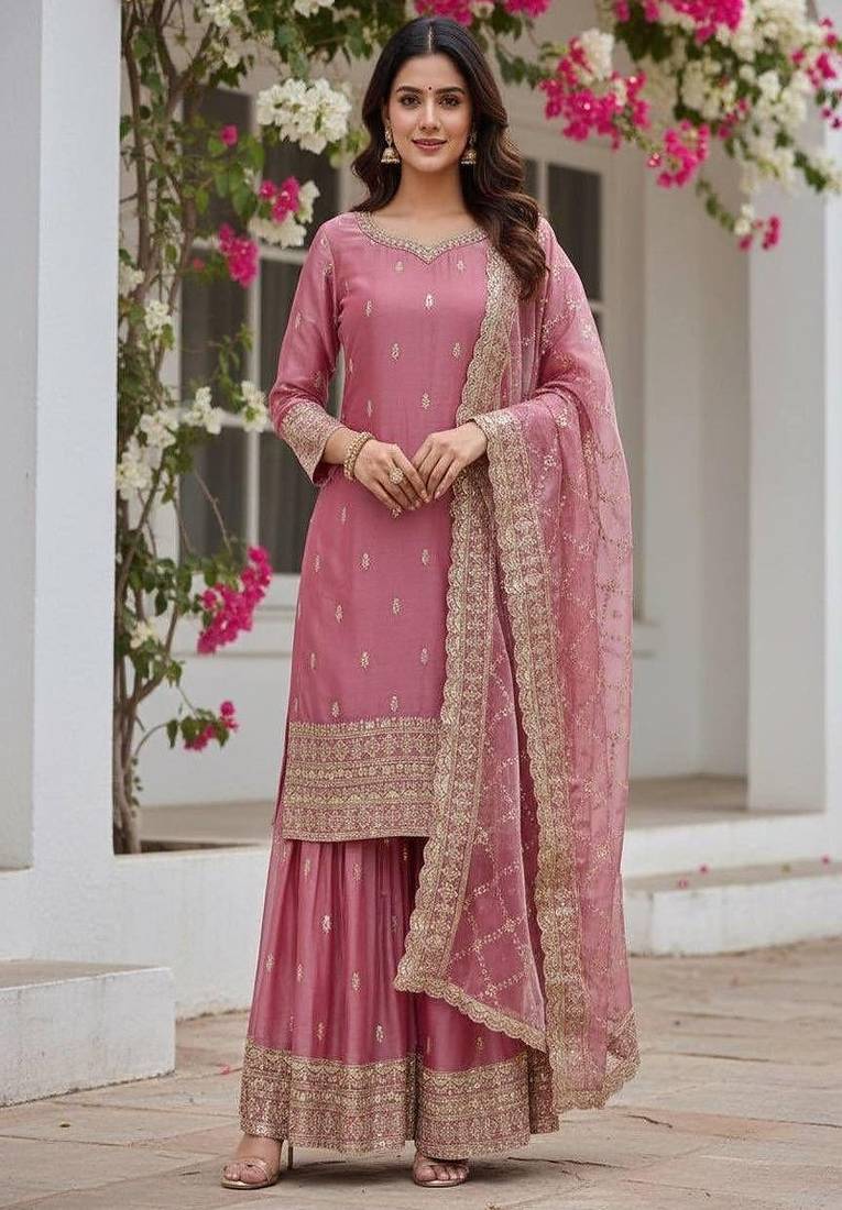 blush pink embroidered sharara suit