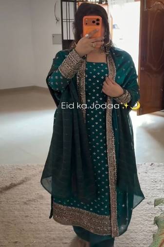 emerald green eid festive suit with embellished dupatta