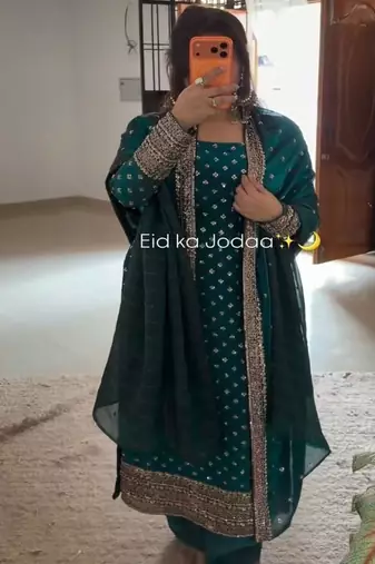 emerald green eid festive suit with embellished dupatta