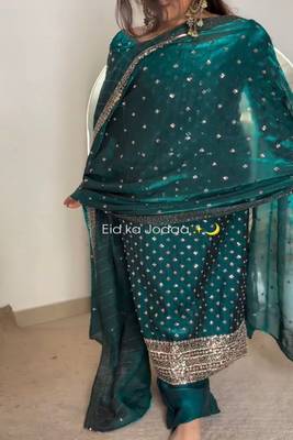 emerald green eid festive suit with embellished dupatta 2