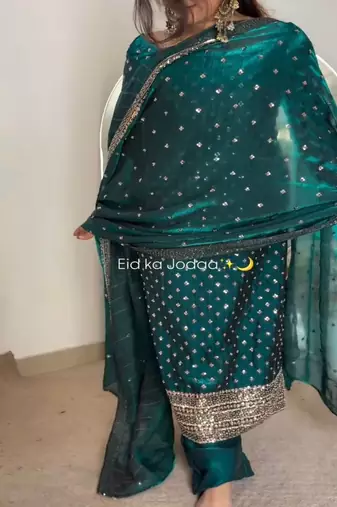emerald green eid festive suit with embellished dupatta