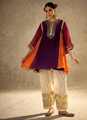 purple & orange flared kurta with gold trim palazzo 1