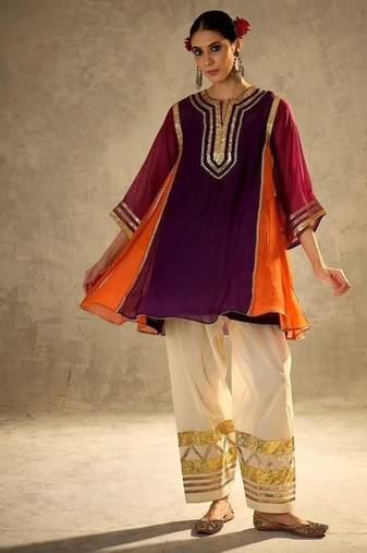 purple & orange flared kurta with gold trim palazzo