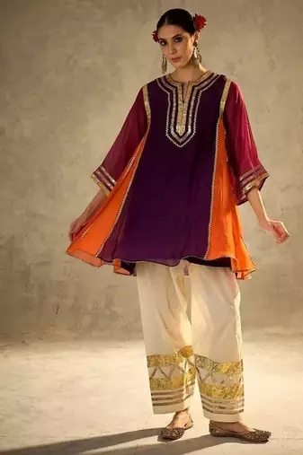 purple & orange flared kurta with gold trim palazzo