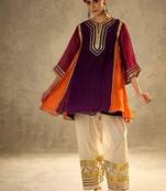 purple & orange flared kurta with gold trim palazzo