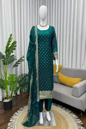 emerald green eid festive suit with embellished dupatta