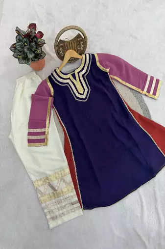 purple & orange flared kurta with gold trim palazzo