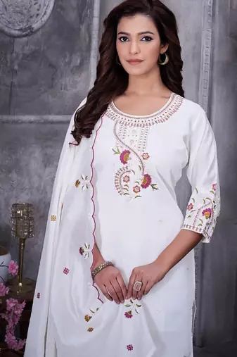White Color Embroidery Thread With Hand Work Roman Silk Kurta Pent Seta  