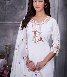 White Color Embroidery Thread With Hand Work Roman Silk Kurta pant Set