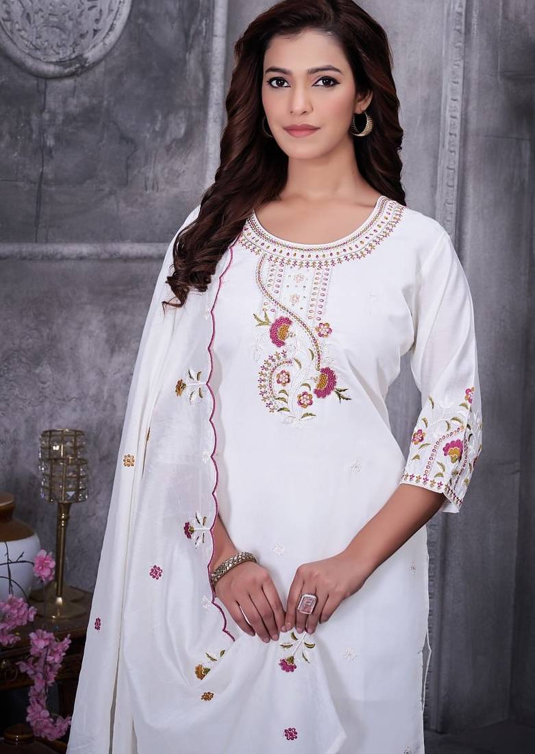 White Color Embroidery Thread With Hand Work Roman Silk Kurta pant Set