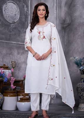 White Color Embroidery Thread With Hand Work Roman Silk Kurta Pent Seta   1