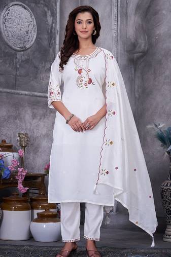 White Color Embroidery Thread With Hand Work Roman Silk Kurta pant Set